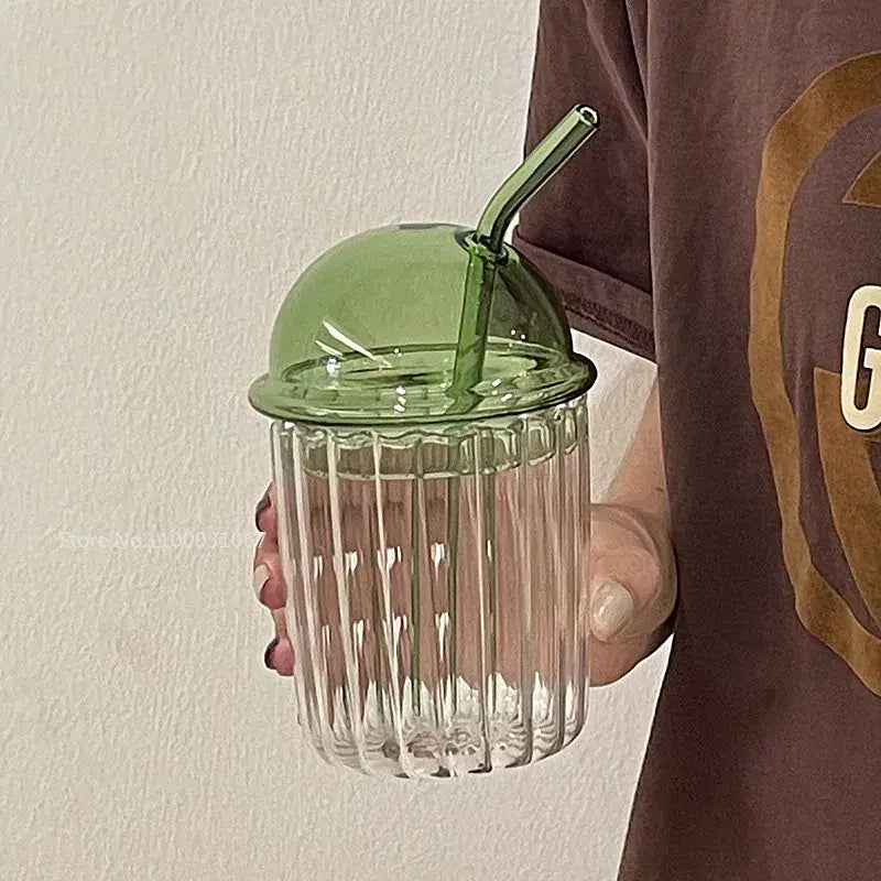 Green 450ml striped glass cup with lid and straw kitchen glassware