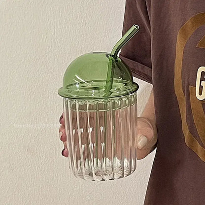Green 450ml striped glass cup with lid and straw kitchen glassware