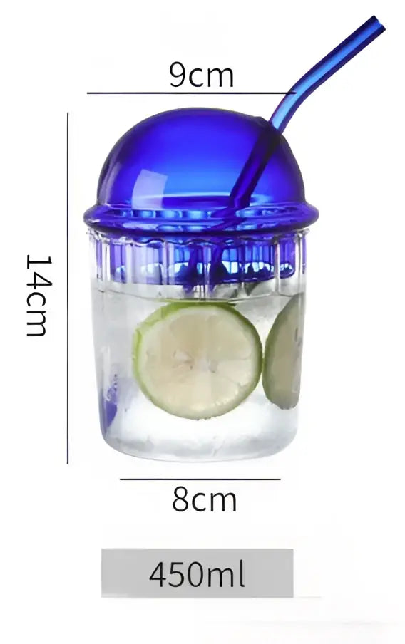 Green 450ml striped glass cup with lid and straw kitchen glassware
