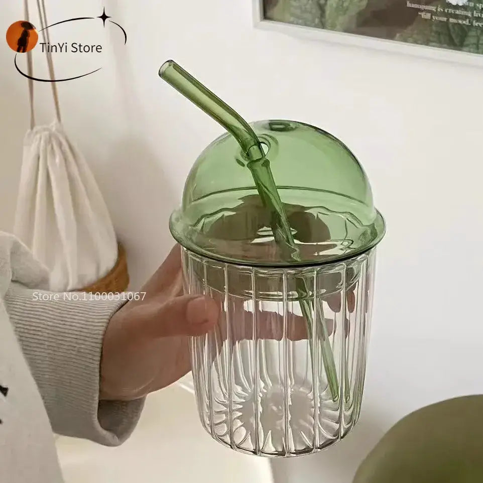 Green 450ml striped glass cup with lid and straw kitchen glassware