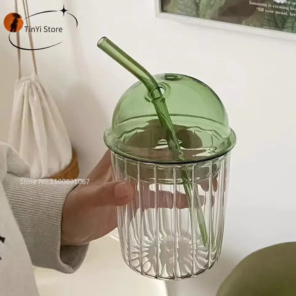 Green 450ml striped glass cup with lid and straw kitchen glassware