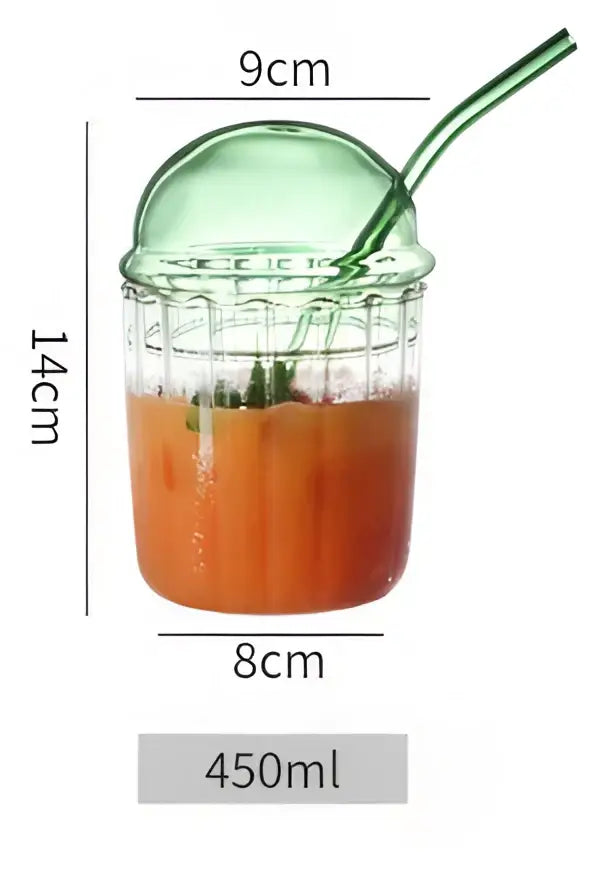 Green 450ml striped glass cup with lid and straw kitchen glassware