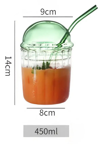 Green 450ml striped glass cup with lid and straw kitchen glassware