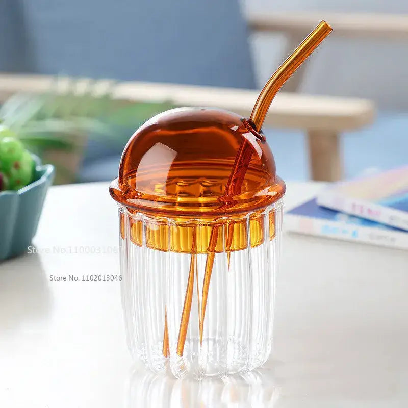 Green 450ml striped glass cup with lid and straw kitchen glassware