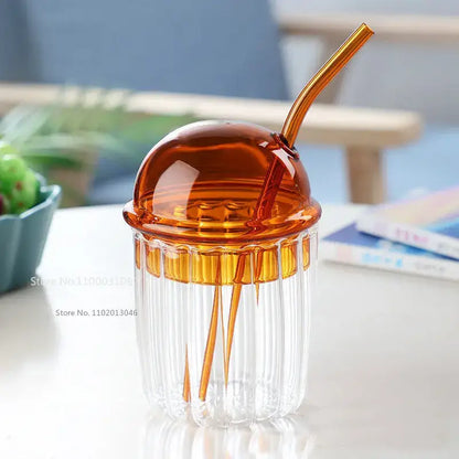 Green 450ml striped glass cup with lid and straw kitchen glassware