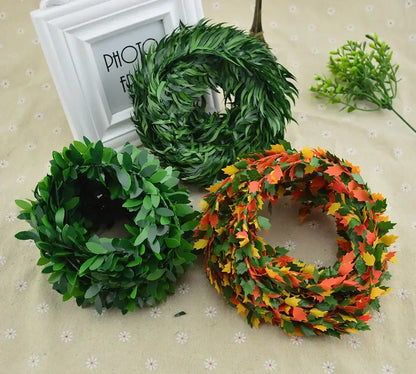 Green and autumn leaf vine wreath garland living room decor