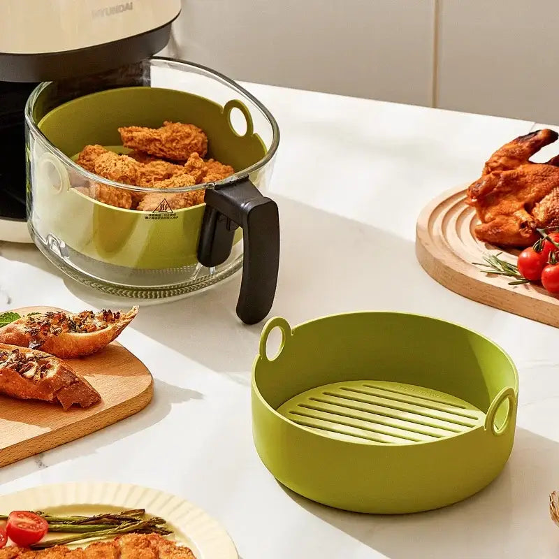 Green and black silicone air fryer pot – kitchen baking tray
