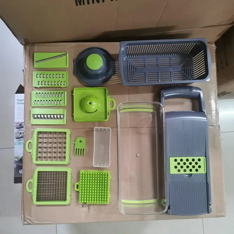 Green and black vegetable slicer cutter grater with basket kitchen