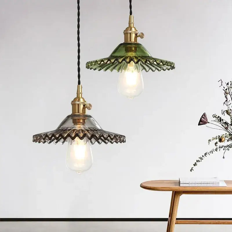 Green and clear glass pendant light dining room copper base