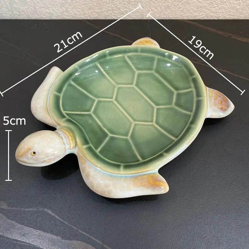 Green and cream ceramic cute turtle statue tray for living room decor