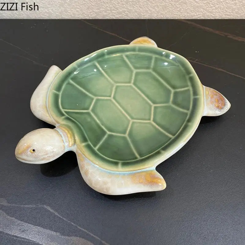 Green and cream ceramic cute turtle statue tray for living room decor