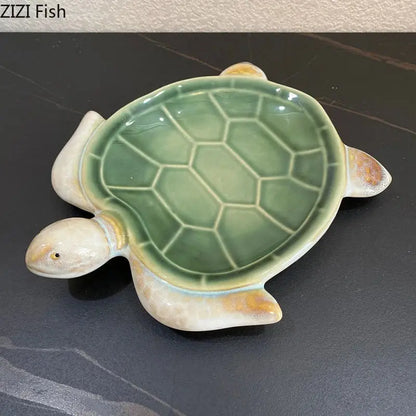 Green and cream ceramic cute turtle statue tray for living room decor