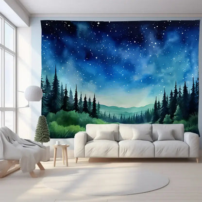 Green and purple mountain tapestry forest aurora for bedroom wall art