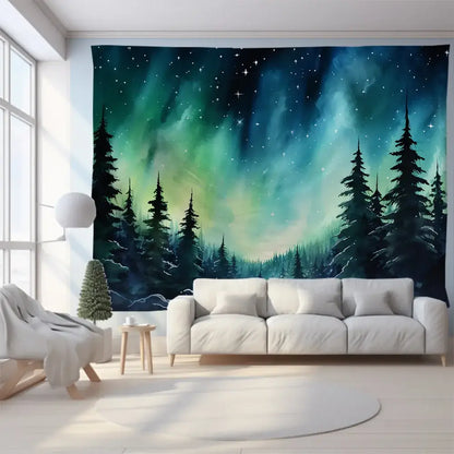Green and purple mountain tapestry forest aurora for bedroom wall art