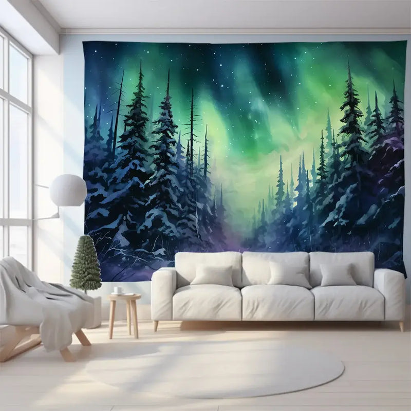 Green and purple mountain tapestry forest aurora for bedroom wall art