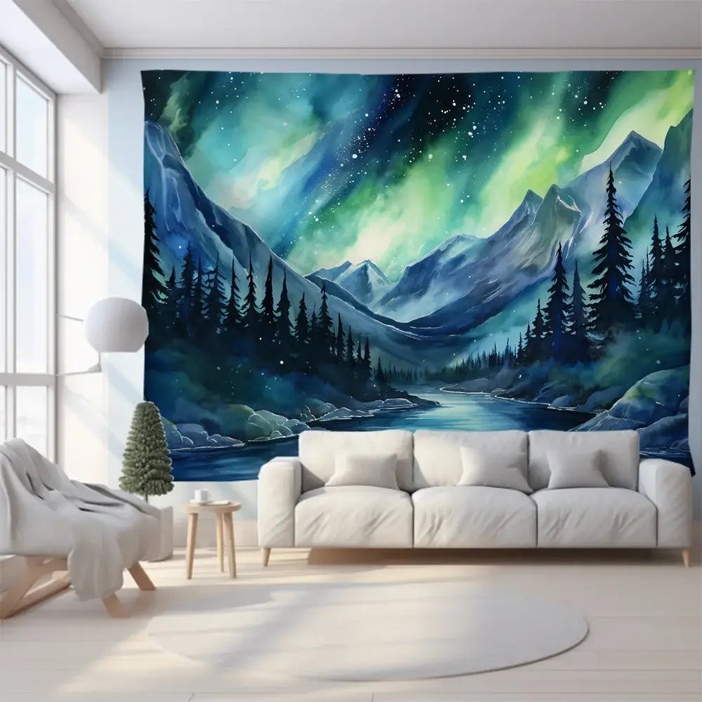 Green and purple mountain tapestry forest aurora for bedroom wall art