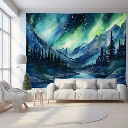Green and purple mountain tapestry forest aurora for bedroom wall art