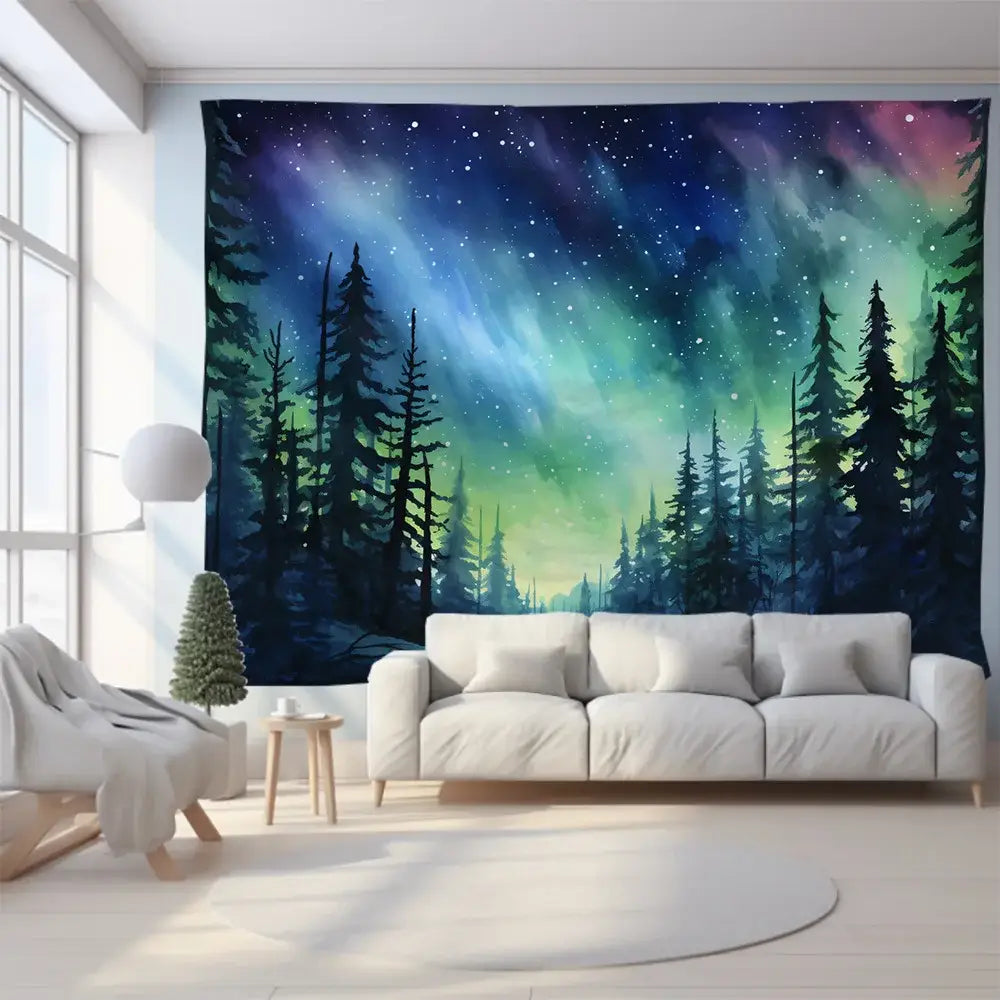 Green and purple mountain tapestry forest aurora for bedroom wall art
