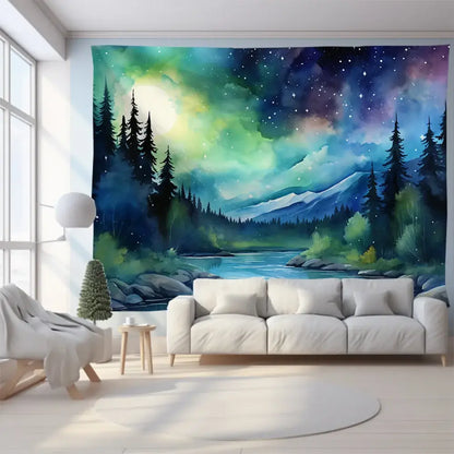 Green and purple mountain tapestry forest aurora for bedroom wall art