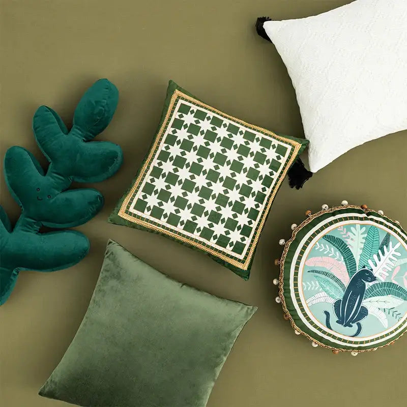 Green and white geometric tufted embroidery cushion cover living room