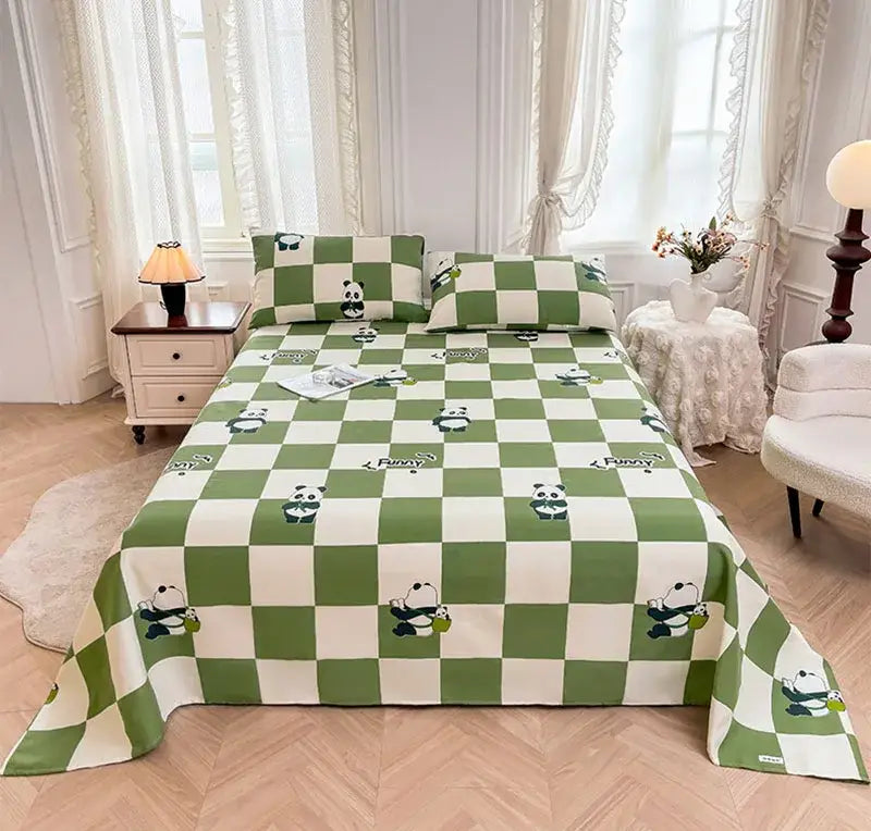 Green and white panda cartoon printed cotton bedspread bedroom decor