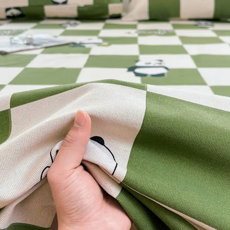 Green and white panda cartoon printed cotton bedspread bedroom decor