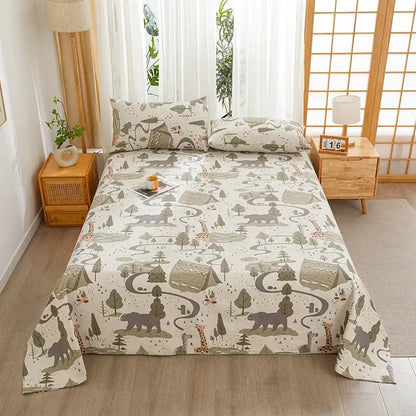 Green and white panda cartoon printed cotton bedspread bedroom decor