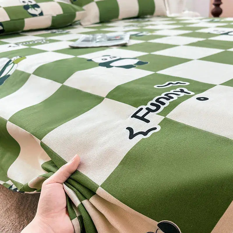 Green and white panda cartoon printed cotton bedspread bedroom decor