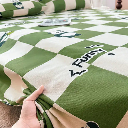 Green and white panda cartoon printed cotton bedspread bedroom decor