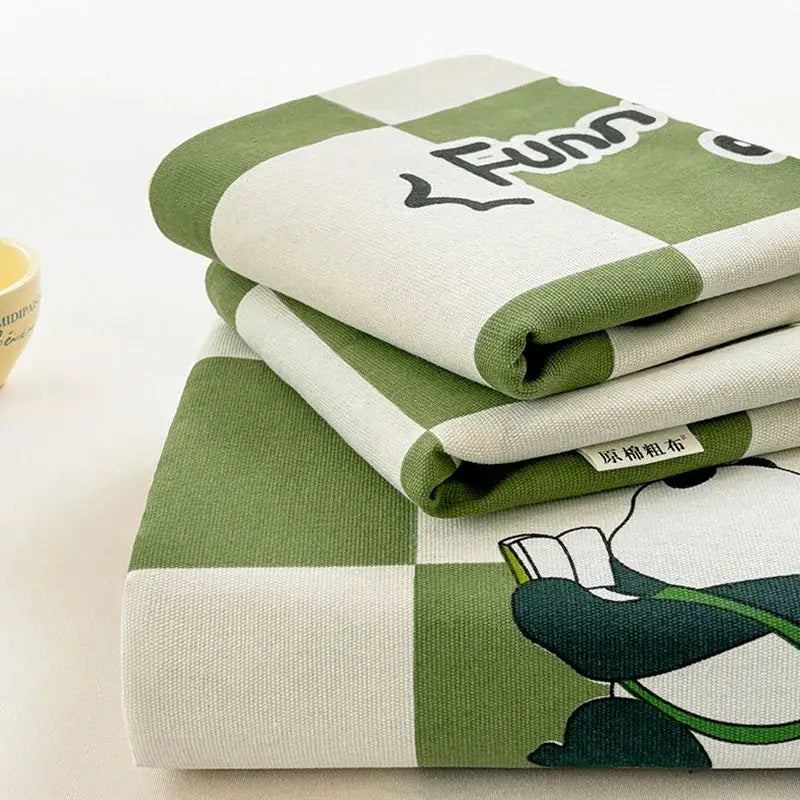 Green and white panda cartoon printed cotton bedspread bedroom decor