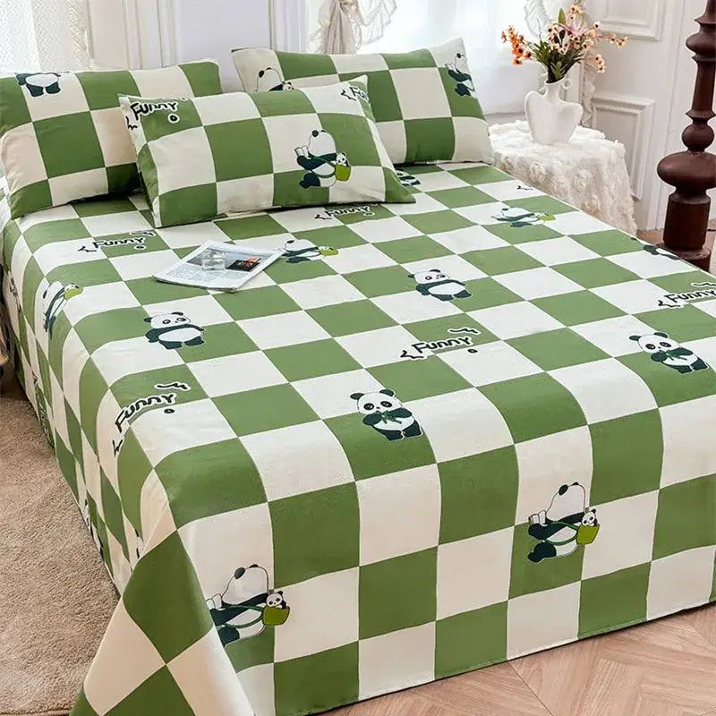 Green and white panda cartoon printed cotton bedspread bedroom decor