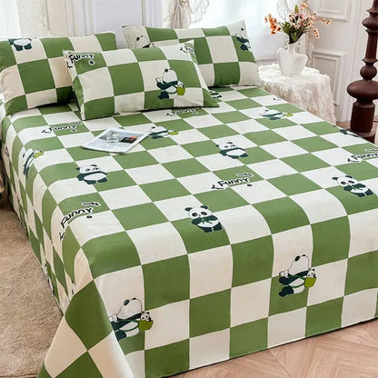 Green and white panda cartoon printed cotton bedspread bedroom decor