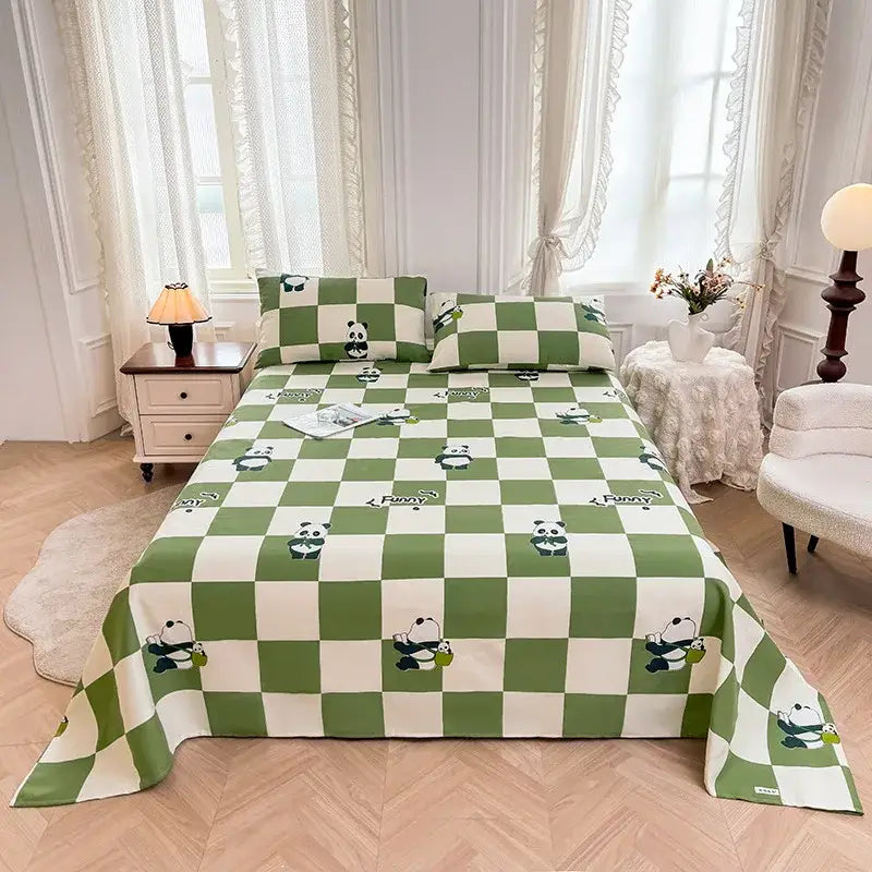 Green and white panda cartoon printed cotton bedspread bedroom decor