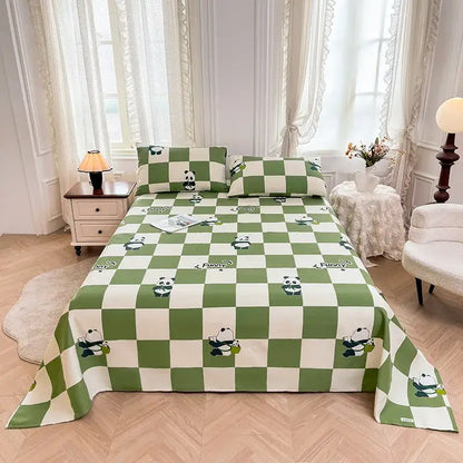 Green and white panda cartoon printed cotton bedspread bedroom decor
