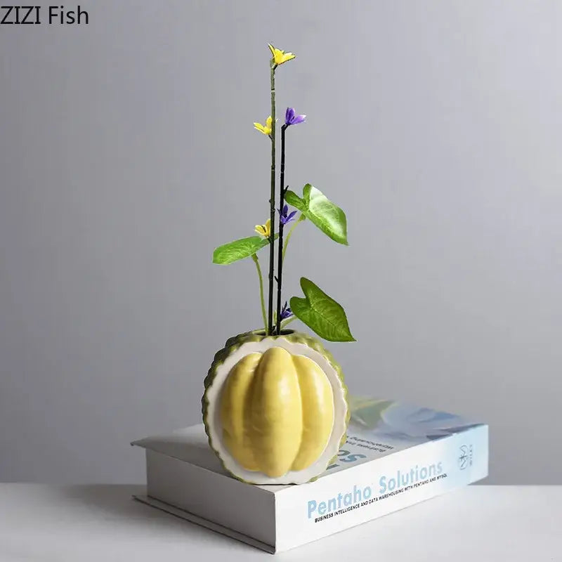 Green and yellow durian ceramic vase set for living room decor