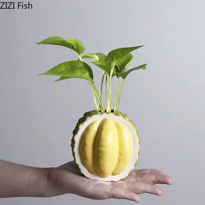 Green and yellow durian ceramic vase set for living room decor