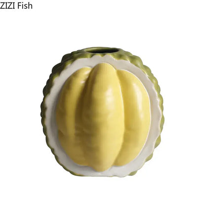 Green and yellow durian ceramic vase set for living room decor
