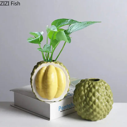 Green and yellow durian ceramic vase set for living room decor