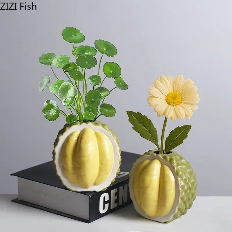 Green and yellow durian ceramic vase set for living room decor