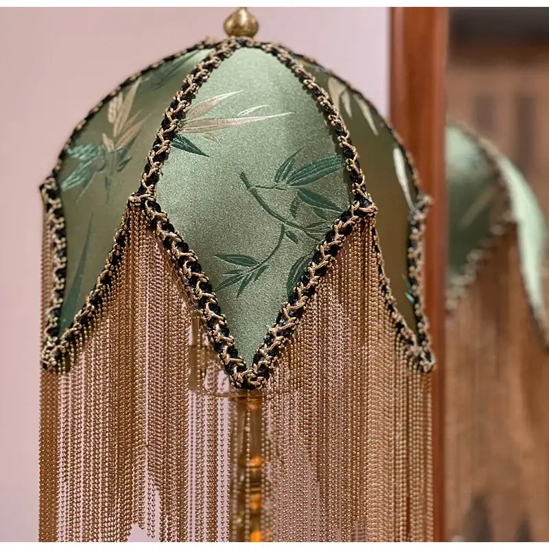 Green bamboo leaf jacquard satin lampshade with brass fringe bedroom