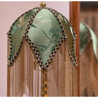 Green bamboo leaf jacquard satin lampshade with brass fringe bedroom