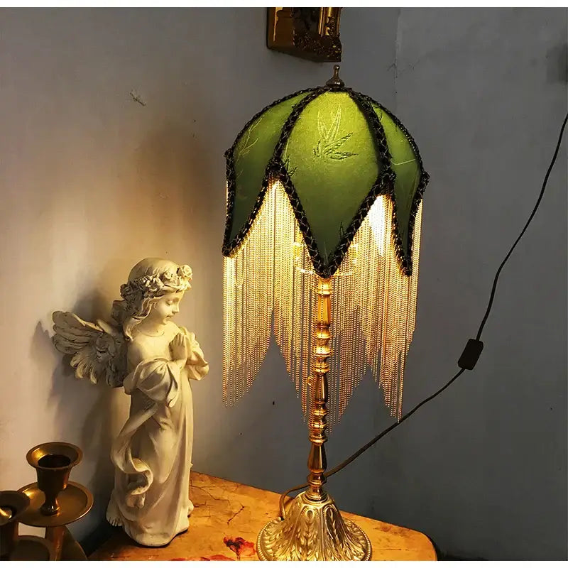 Green bamboo leaf jacquard satin lampshade with brass fringe bedroom