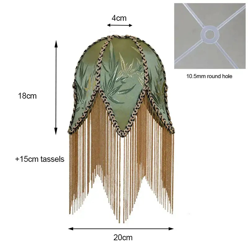Green bamboo leaf jacquard satin lampshade with brass fringe bedroom