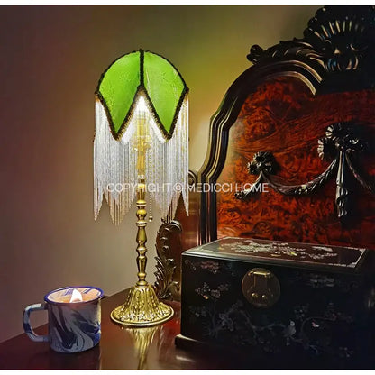 Green bamboo leaf jacquard satin lampshade with brass fringe bedroom
