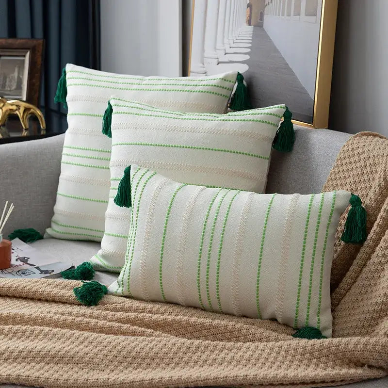Green black stripe crochet cushion cover living room tassel pillow
