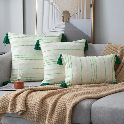 Green black stripe crochet cushion cover living room tassel pillow