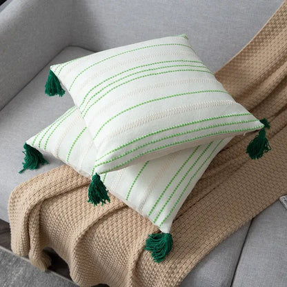 Green black stripe crochet cushion cover living room tassel pillow