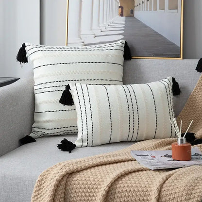 Green black stripe crochet cushion cover living room tassel pillow