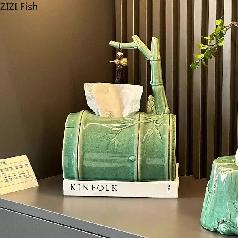 Green ceramic bamboo tissue box living room decor