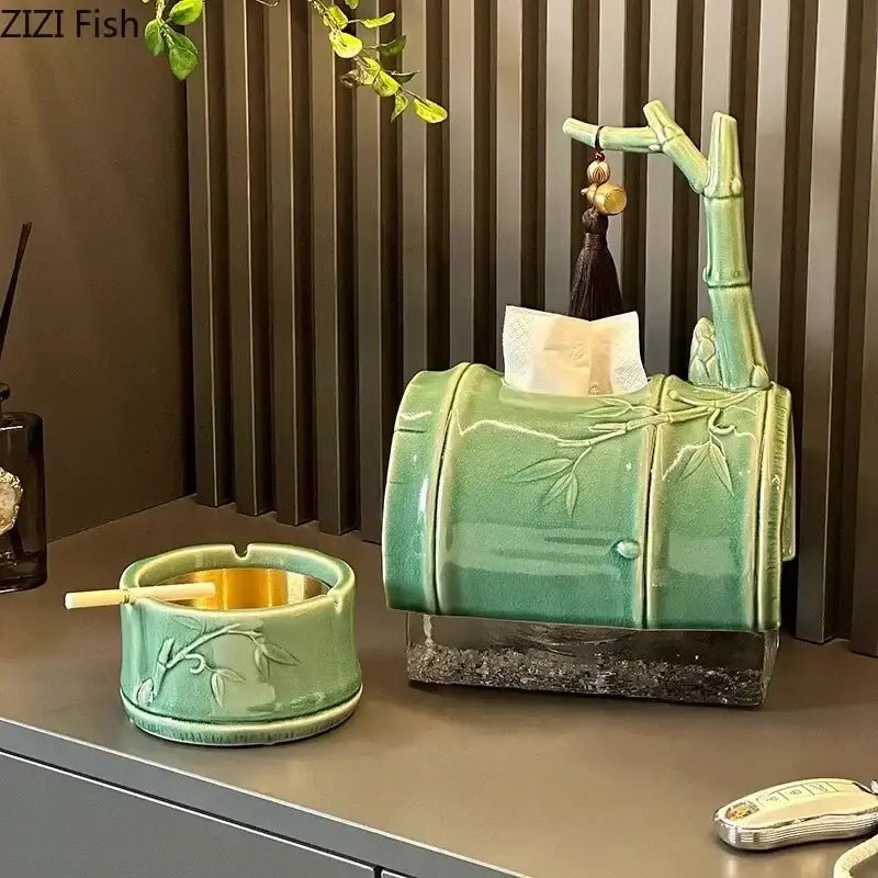 Green ceramic bamboo tissue box living room decor